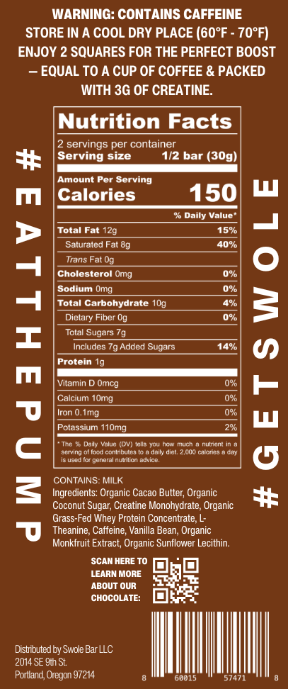 Swole Bar Max Milk pre-workout chocolate packaging on a brown background