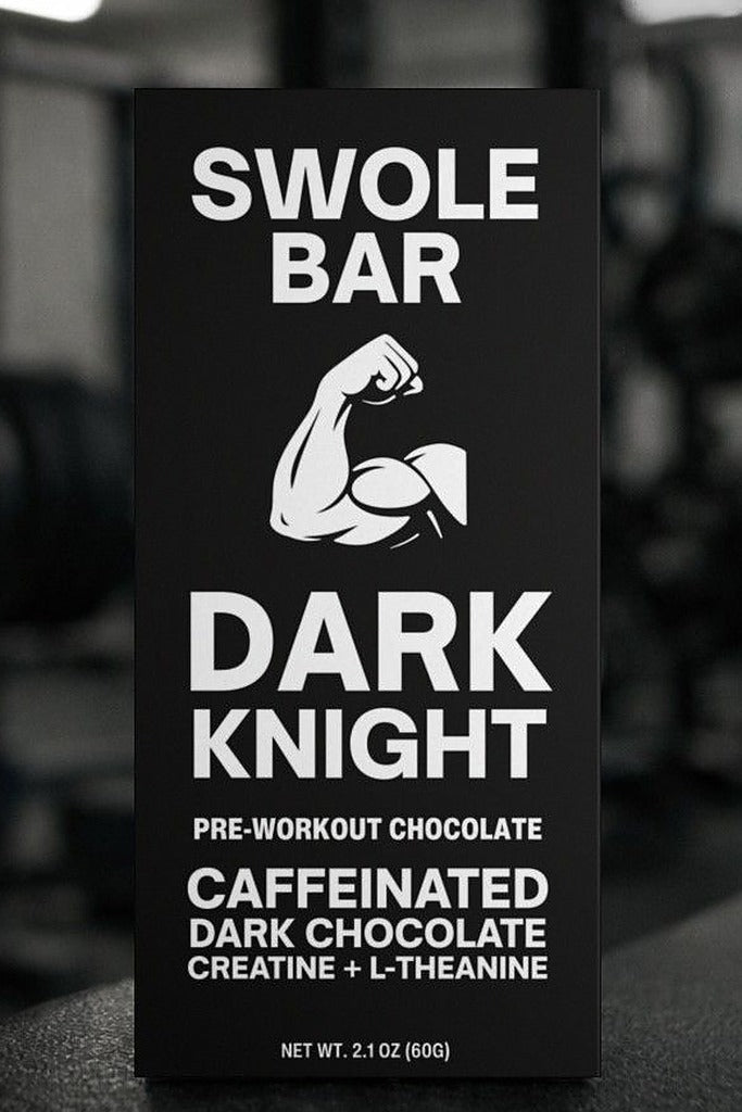 Swole Bar Dark Knight pre-workout chocolate bar in a gym