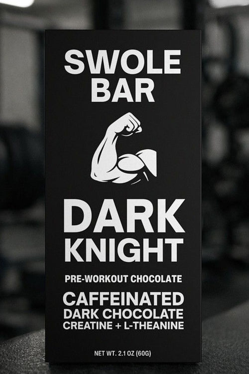 Swole Bar Dark Knight pre-workout chocolate bar in a gym