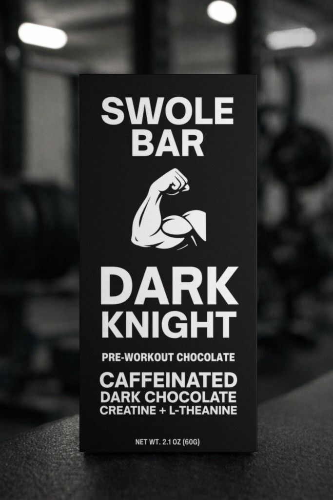 Swole Bar Dark Knight pre-workout chocolate bar in a gym