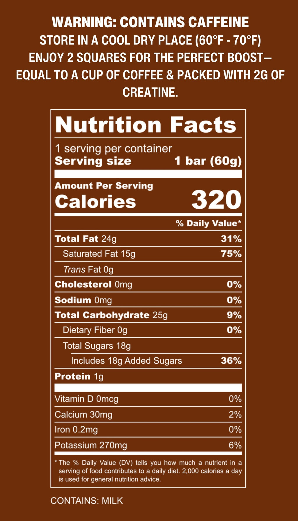 Swole Bar Max Milk Nutrition Facts panel and caffeine warning, contains milk