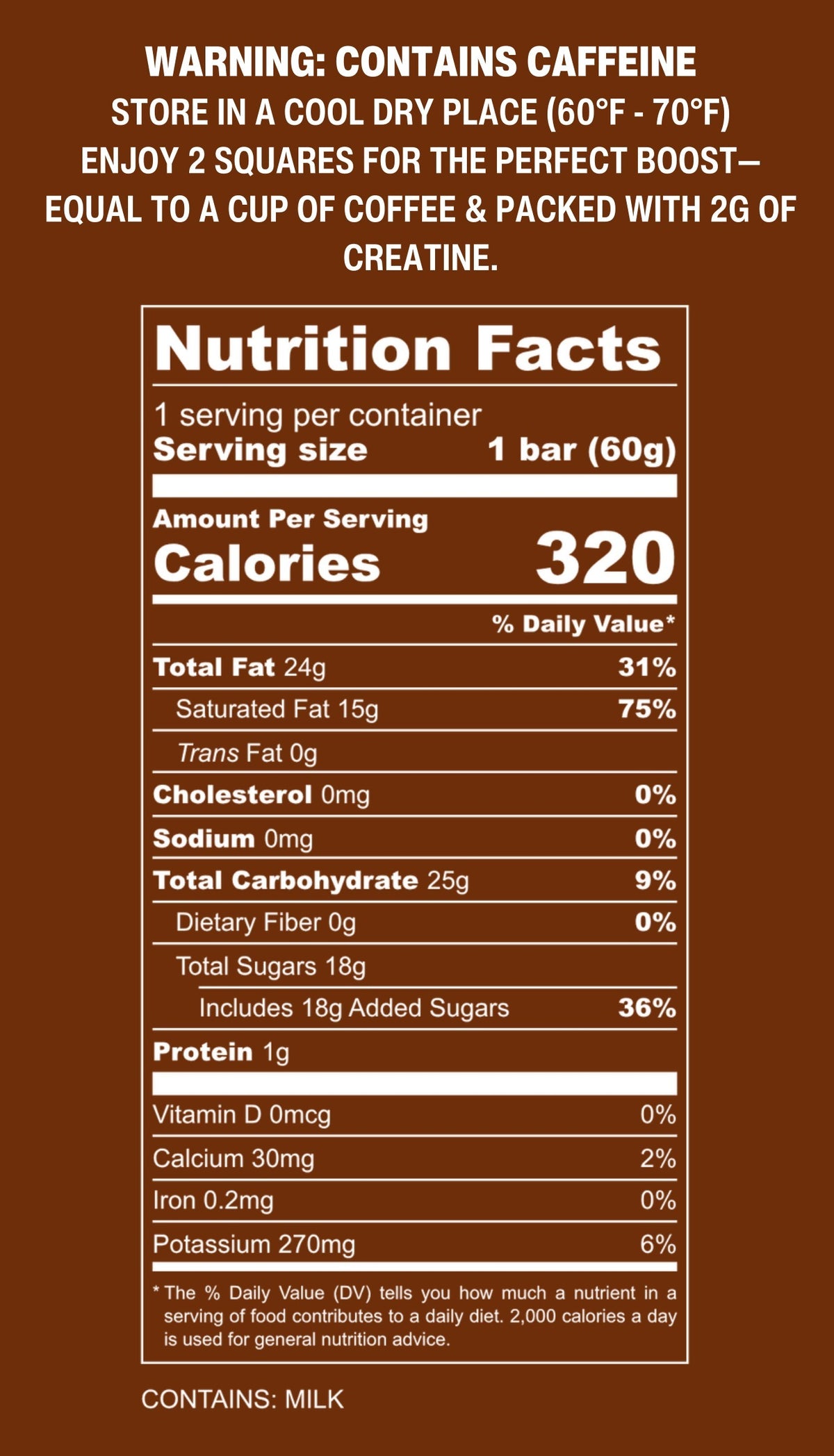 Swole Bar Max Milk Nutrition Facts panel and caffeine warning, contains milk